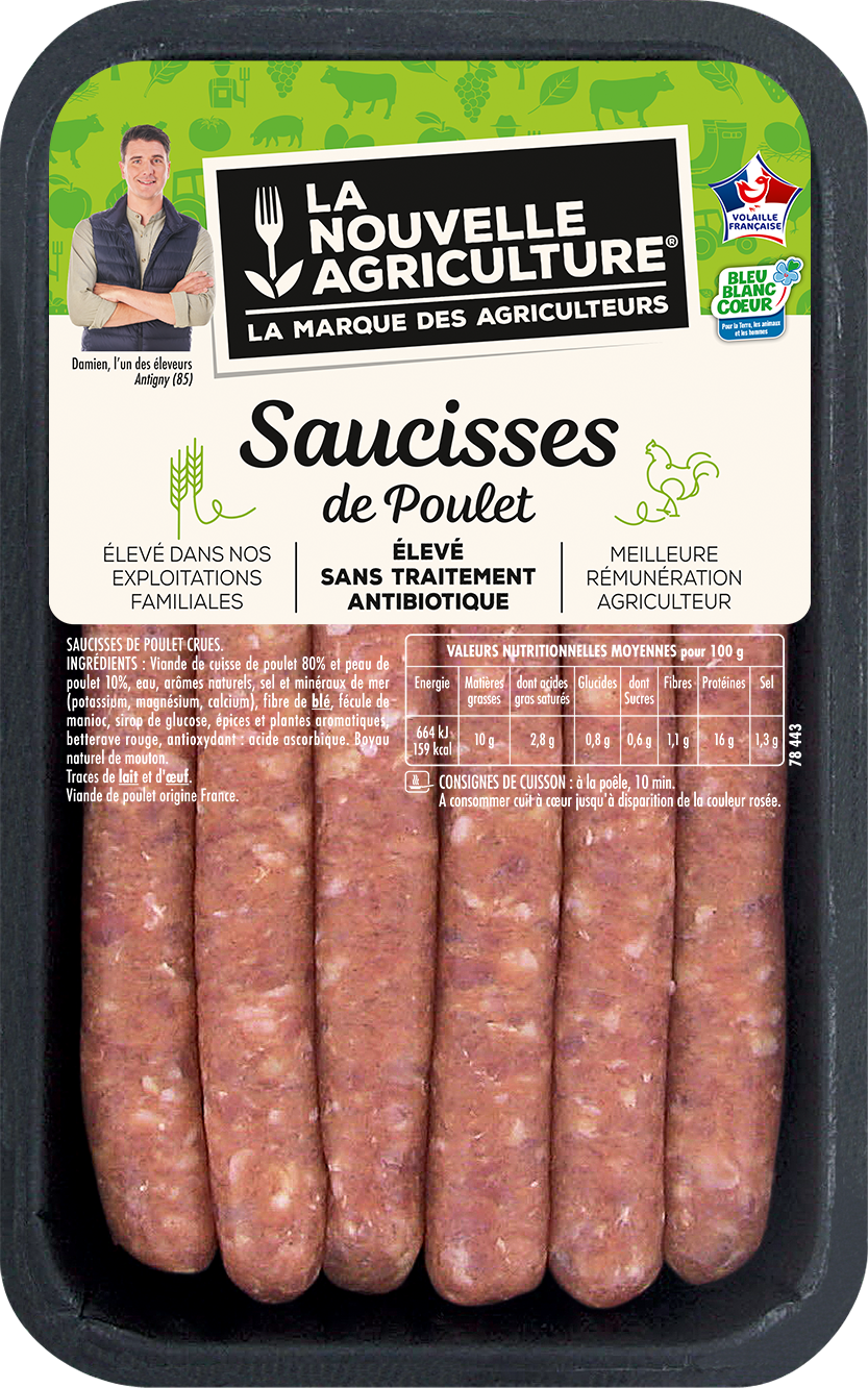 Pack produit de saucisses de poulet Bleu-Blanc-Cœur La Nouvelle Agriculture