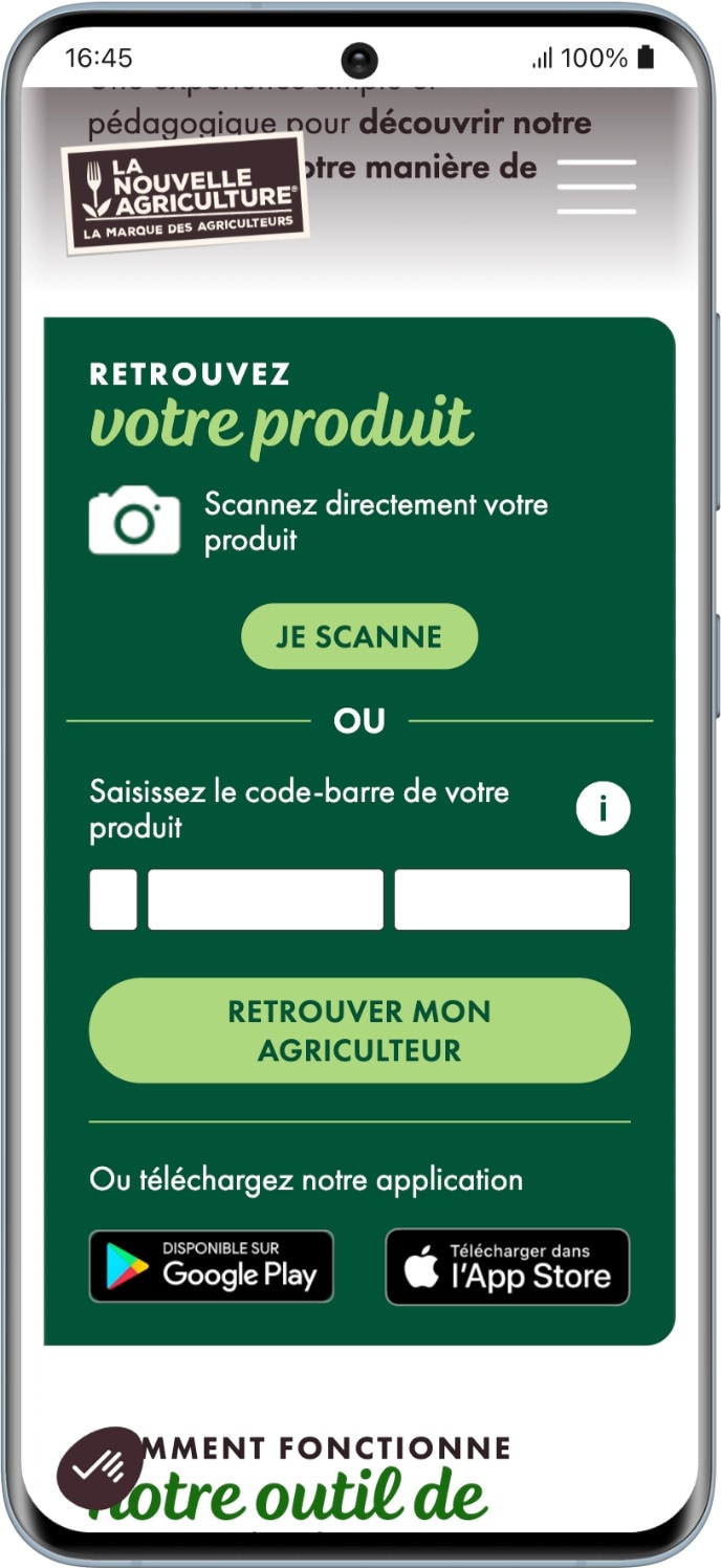 Capture d'écran de la page Traçabilité du site de La Nouvelle Agriculture - étape 1 : scannez ou saisissez votre code-barre