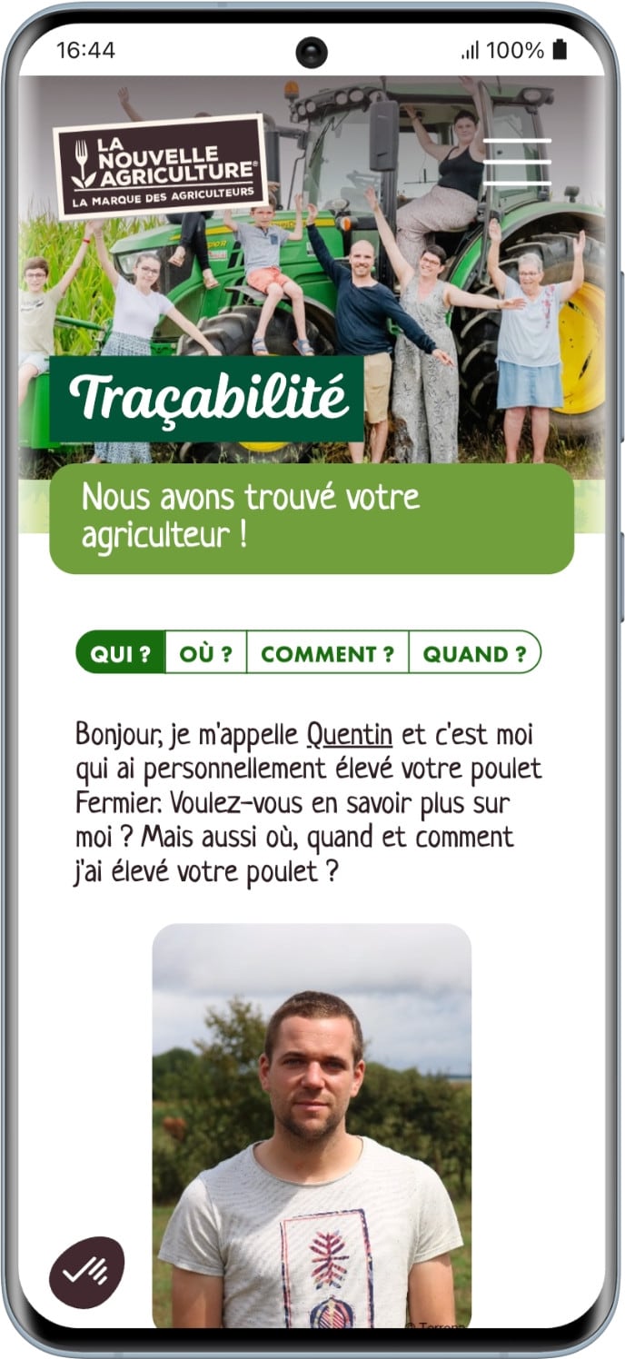 Capture d'écran de la page Traçabilité du site de La Nouvelle Agriculture - étape 2 : retrouvez votre agriculteur