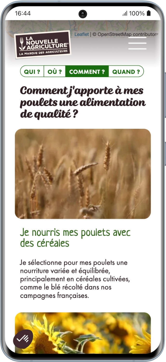 Capture d'écran de la page Traçabilité du site de La Nouvelle Agriculture - étape 3 : retrouvez les bonnes pratiques de votre agriculteur (comment j'apporte à mes animaux une alimentation de qualité ?)